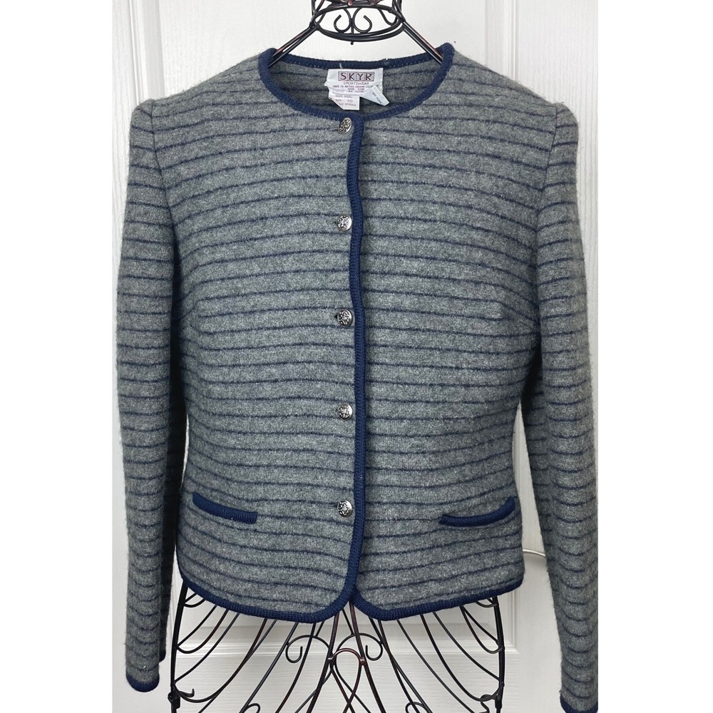 Skyr Sportswear Vintage 100% Wool Striped Cardigan Jacket Grey Navy Blazer Sz 10